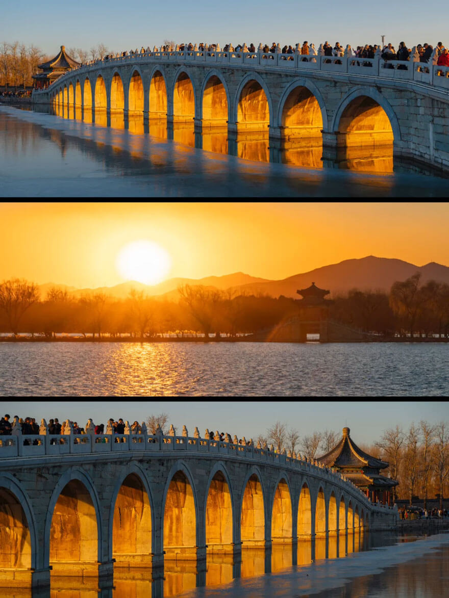 颐和园十七孔桥现“金光穿洞”奇观,颐和园旅游必去十大景点排名